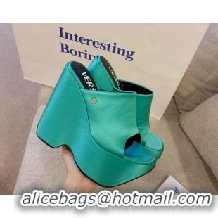 Good Looking Versace Triplatform Silk Wedge Platform Mules 16cm Aqua Green 052559