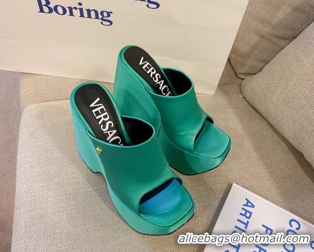 Good Looking Versace Triplatform Silk Wedge Platform Mules 16cm Aqua Green 052559