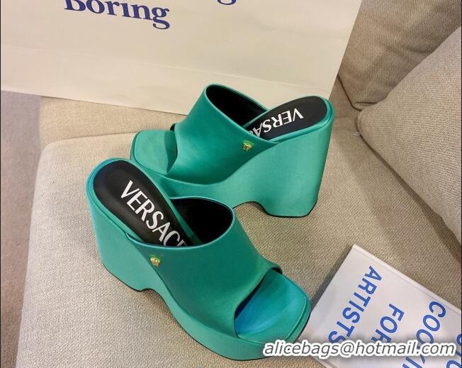 Good Looking Versace Triplatform Silk Wedge Platform Mules 16cm Aqua Green 052559