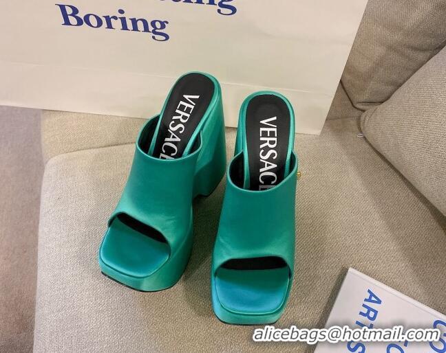 Good Looking Versace Triplatform Silk Wedge Platform Mules 16cm Aqua Green 052559