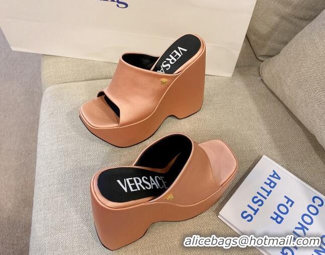 Luxury Versace Triplatform Silk Wedge Platform Mules 16cm Peachy Pink 052560