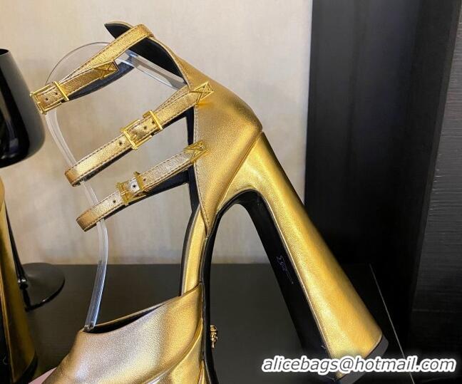 Luxurious Versace Lambskin High Heel Platform Pumps 15.5cm Gold 052564