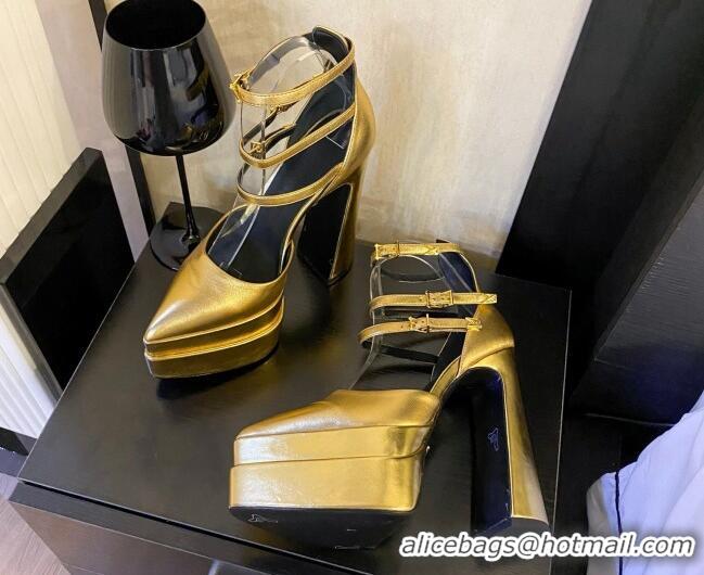 Luxurious Versace Lambskin High Heel Platform Pumps 15.5cm Gold 052564