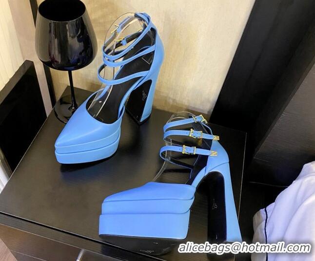 Hot Style Versace Lambskin High Heel Platform Pumps 15.5cm Light Blue 052566