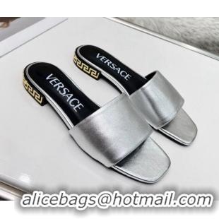 Low Price Versace Calfskin Slide Sandals with Logo Heel Silver 052588