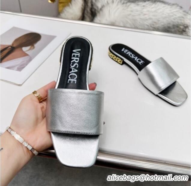 Low Price Versace Calfskin Slide Sandals with Logo Heel Silver 052588