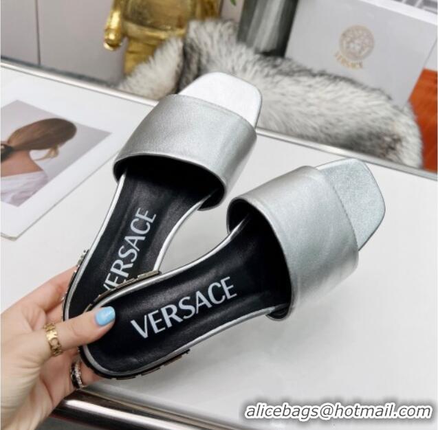 Low Price Versace Calfskin Slide Sandals with Logo Heel Silver 052588