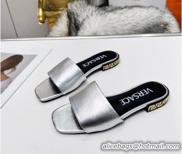 Low Price Versace Calfskin Slide Sandals with Logo Heel Silver 052588