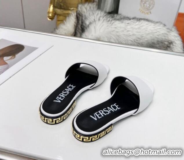 Luxurious Versace Calfskin Slide Sandals with Logo Heel White 052589