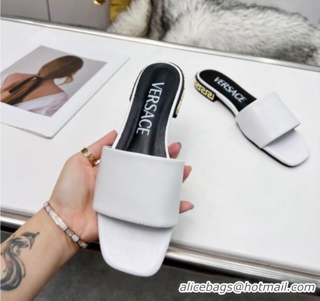 Luxurious Versace Calfskin Slide Sandals with Logo Heel White 052589