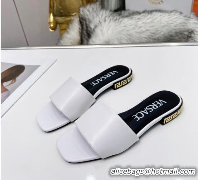 Luxurious Versace Calfskin Slide Sandals with Logo Heel White 052589