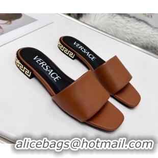 Unique Style Versace Calfskin Slide Sandals with Logo Heel Brown 052590