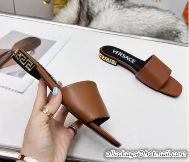 Unique Style Versace Calfskin Slide Sandals with Logo Heel Brown 052590