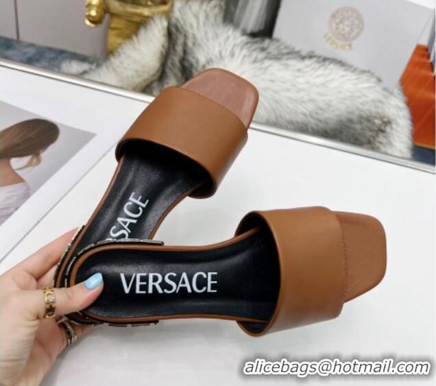 Unique Style Versace Calfskin Slide Sandals with Logo Heel Brown 052590