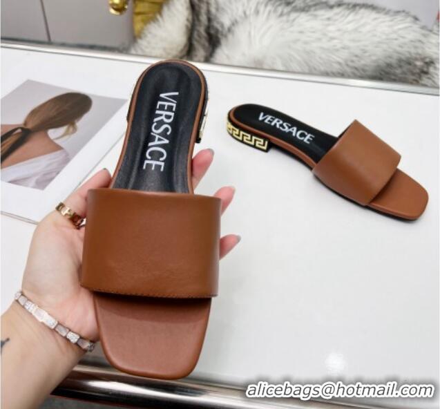 Unique Style Versace Calfskin Slide Sandals with Logo Heel Brown 052590