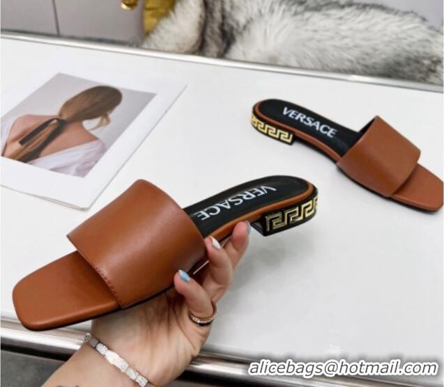 Unique Style Versace Calfskin Slide Sandals with Logo Heel Brown 052590