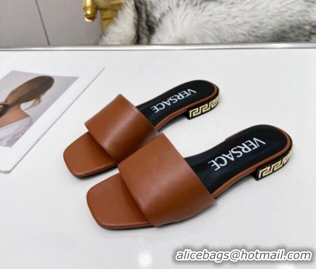 Unique Style Versace Calfskin Slide Sandals with Logo Heel Brown 052590