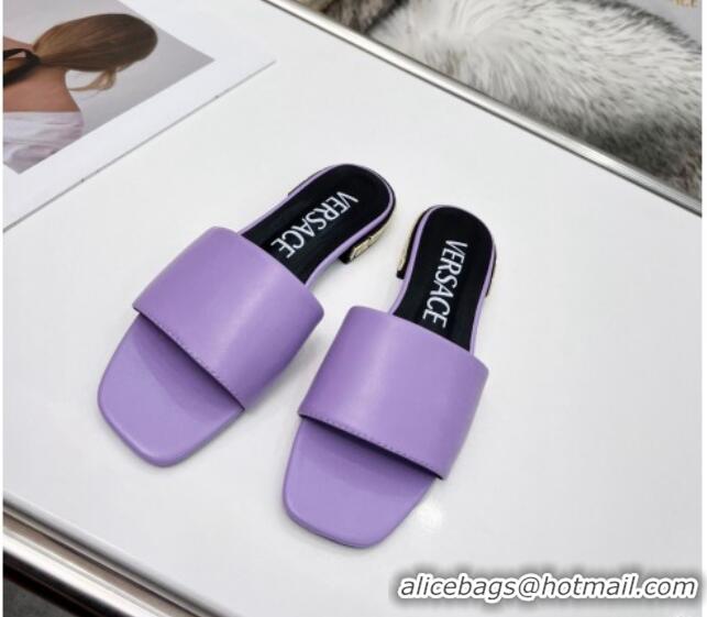 Unique Style Versace Calfskin Slide Sandals with Logo Heel Purple 052591