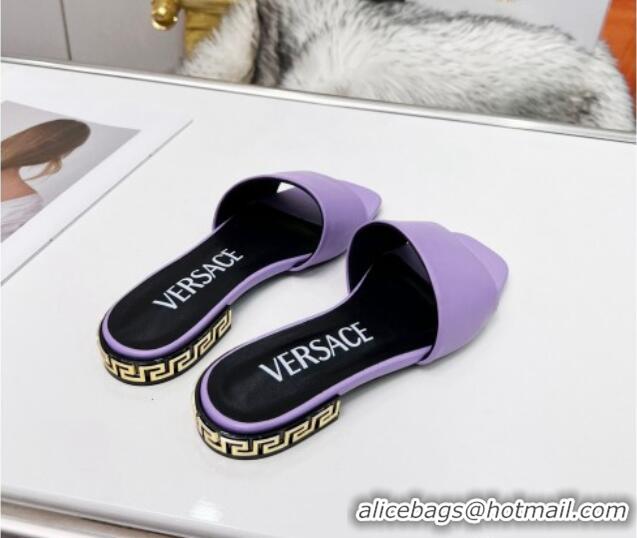 Unique Style Versace Calfskin Slide Sandals with Logo Heel Purple 052591