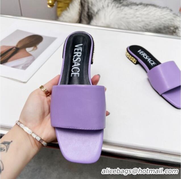 Unique Style Versace Calfskin Slide Sandals with Logo Heel Purple 052591