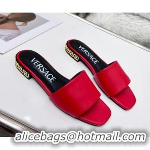 Perfect Style Versace Calfskin Slide Sandals with Logo Heel Red 052592