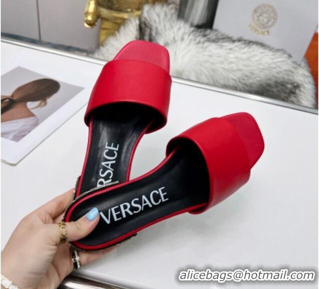 Perfect Style Versace Calfskin Slide Sandals with Logo Heel Red 052592