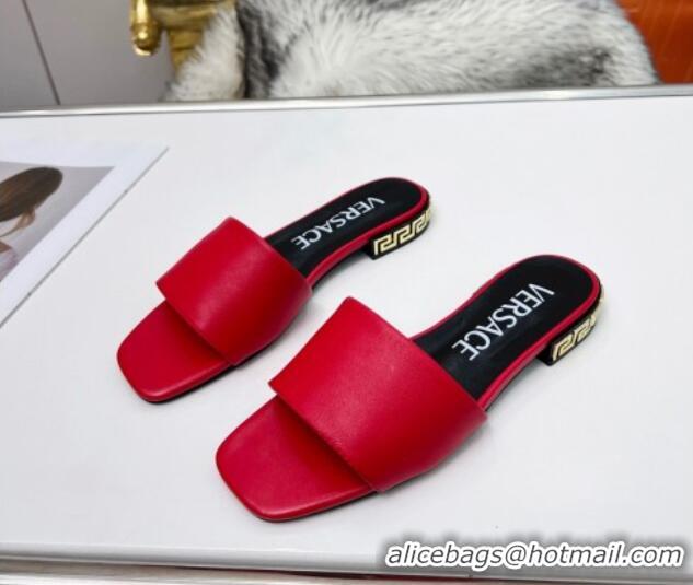 Perfect Style Versace Calfskin Slide Sandals with Logo Heel Red 052592