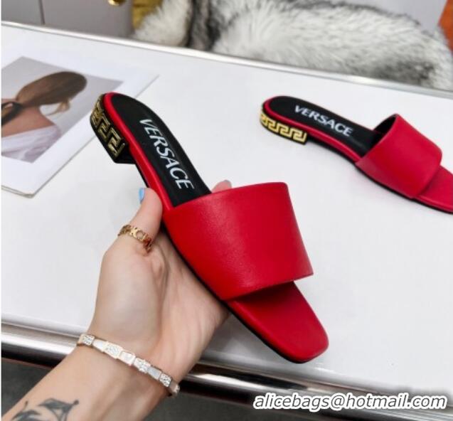 Perfect Style Versace Calfskin Slide Sandals with Logo Heel Red 052592