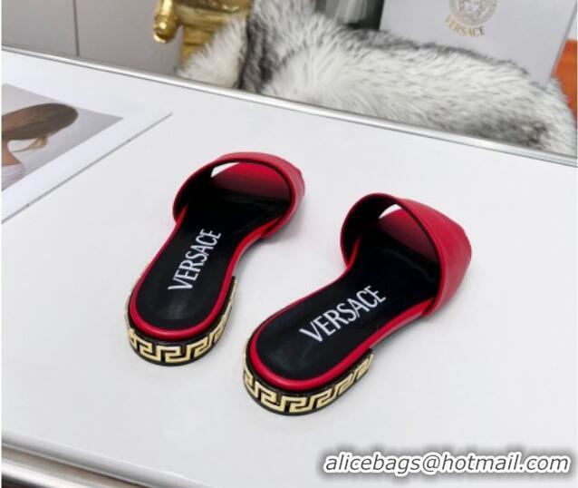 Perfect Style Versace Calfskin Slide Sandals with Logo Heel Red 052592