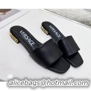 Shop Duplicate Versace Calfskin Slide Sandals with Logo Heel Black 052594