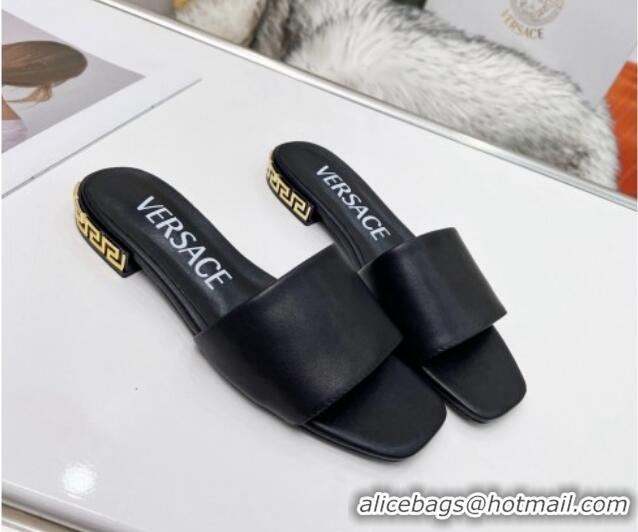 Shop Duplicate Versace Calfskin Slide Sandals with Logo Heel Black 052594