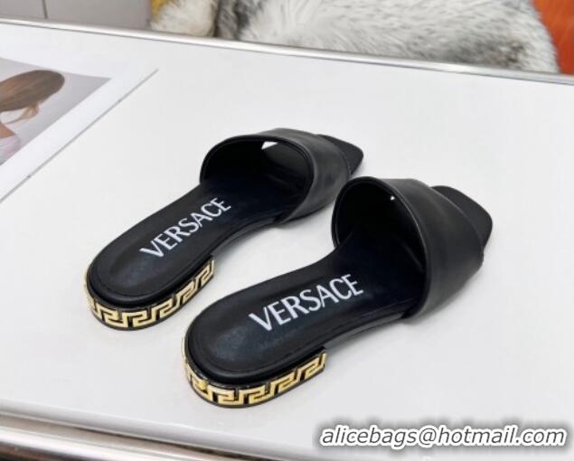 Shop Duplicate Versace Calfskin Slide Sandals with Logo Heel Black 052594