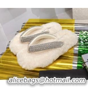 Sophisticated Alexander Wang Rabbit Fur and Crystal Thong Flat Sandals White 121308