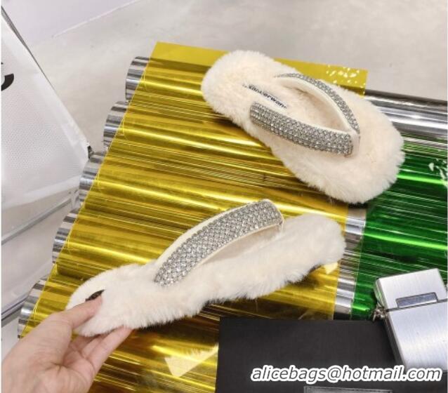 Sophisticated Alexander Wang Rabbit Fur and Crystal Thong Flat Sandals White 121308