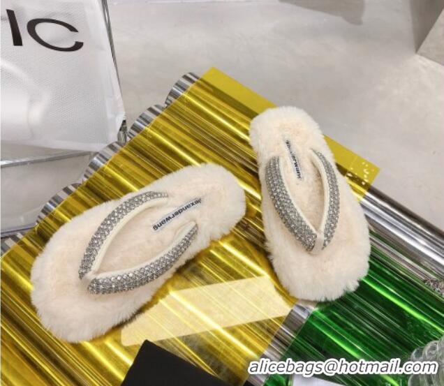 Sophisticated Alexander Wang Rabbit Fur and Crystal Thong Flat Sandals White 121308