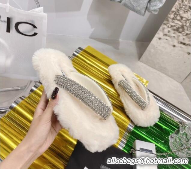 Sophisticated Alexander Wang Rabbit Fur and Crystal Thong Flat Sandals White 121308