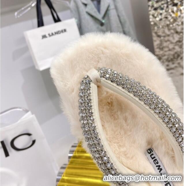 Sophisticated Alexander Wang Rabbit Fur and Crystal Thong Flat Sandals White 121308