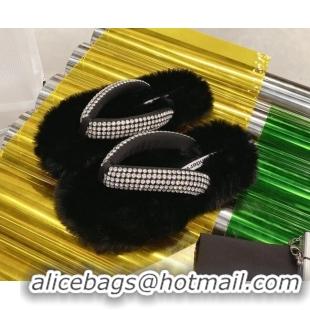 Good Product Alexander Wang Rabbit Fur and Crystal Thong Flat Sandals Black 121309