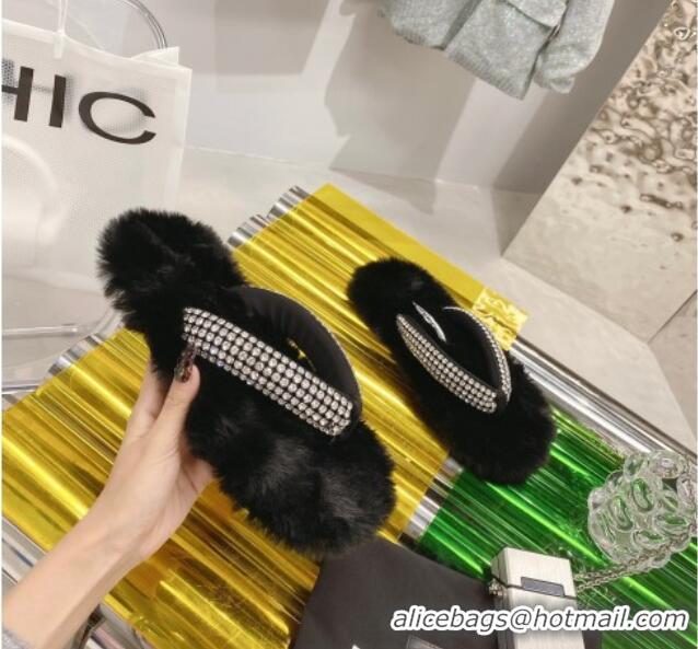 Good Product Alexander Wang Rabbit Fur and Crystal Thong Flat Sandals Black 121309