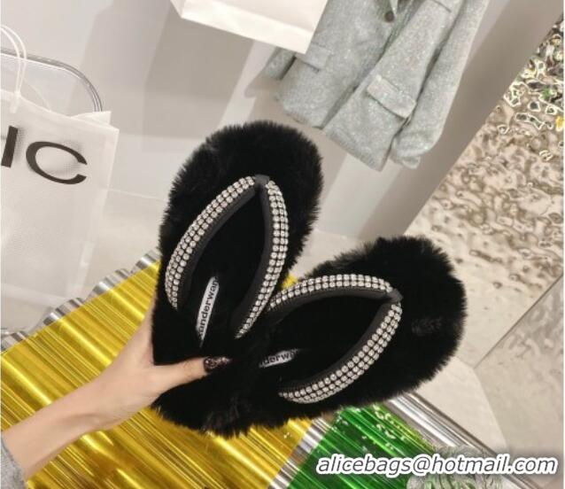 Good Product Alexander Wang Rabbit Fur and Crystal Thong Flat Sandals Black 121309