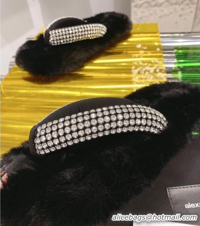 Good Product Alexander Wang Rabbit Fur and Crystal Thong Flat Sandals Black 121309