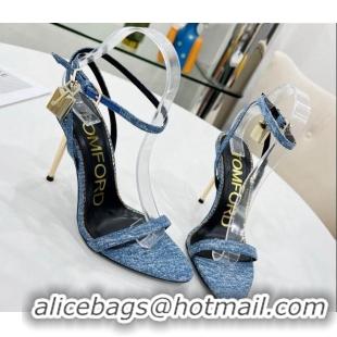 Stylish Tom Ford Denim Padlock Pointy Naked Sandals 105mm Heel Blue 0402063