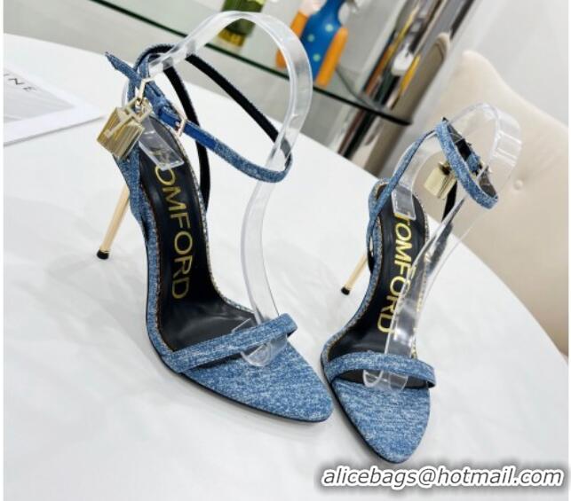 Stylish Tom Ford Denim Padlock Pointy Naked Sandals 105mm Heel Blue 0402063