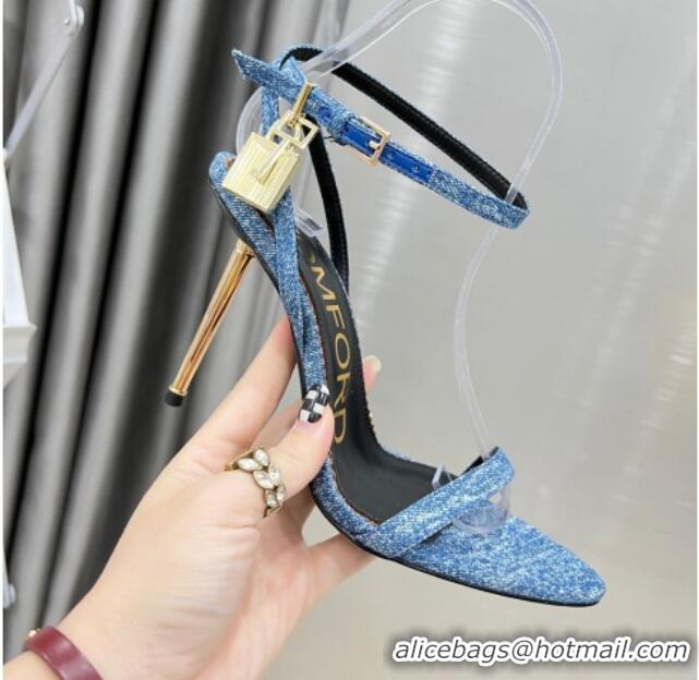 Stylish Tom Ford Denim Padlock Pointy Naked Sandals 105mm Heel Blue 0402063