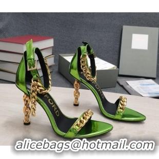 Classic Hot Tom Ford Mirror Leather Chain Heel Ankle Strap Sandals 105mm Heel Green 0420061