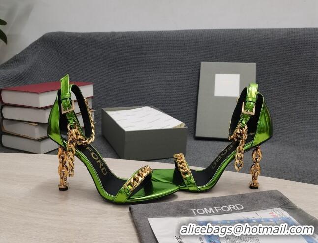 Classic Hot Tom Ford Mirror Leather Chain Heel Ankle Strap Sandals 105mm Heel Green 0420061