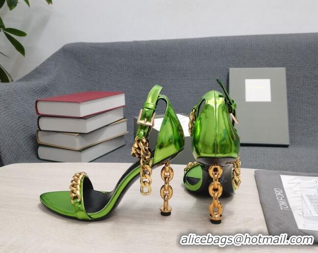 Classic Hot Tom Ford Mirror Leather Chain Heel Ankle Strap Sandals 105mm Heel Green 0420061