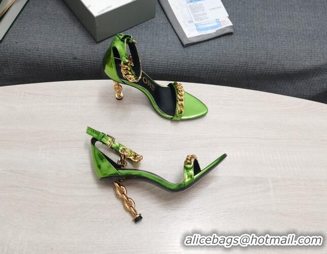 Classic Hot Tom Ford Mirror Leather Chain Heel Ankle Strap Sandals 105mm Heel Green 0420061