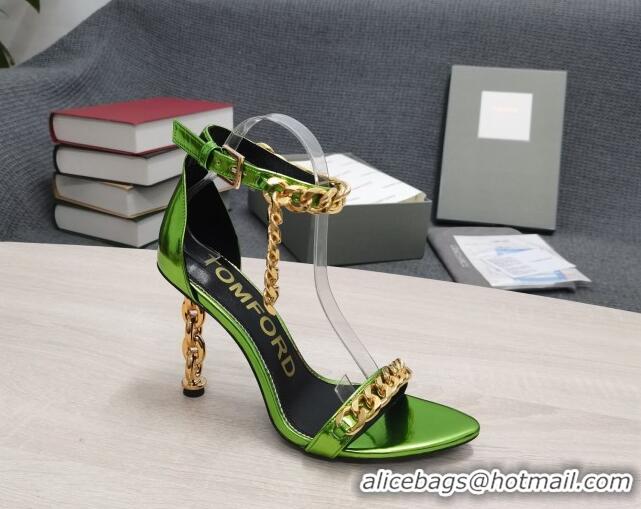 Classic Hot Tom Ford Mirror Leather Chain Heel Ankle Strap Sandals 105mm Heel Green 0420061