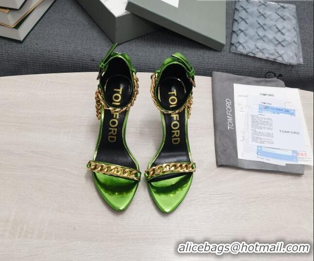 Classic Hot Tom Ford Mirror Leather Chain Heel Ankle Strap Sandals 105mm Heel Green 0420061